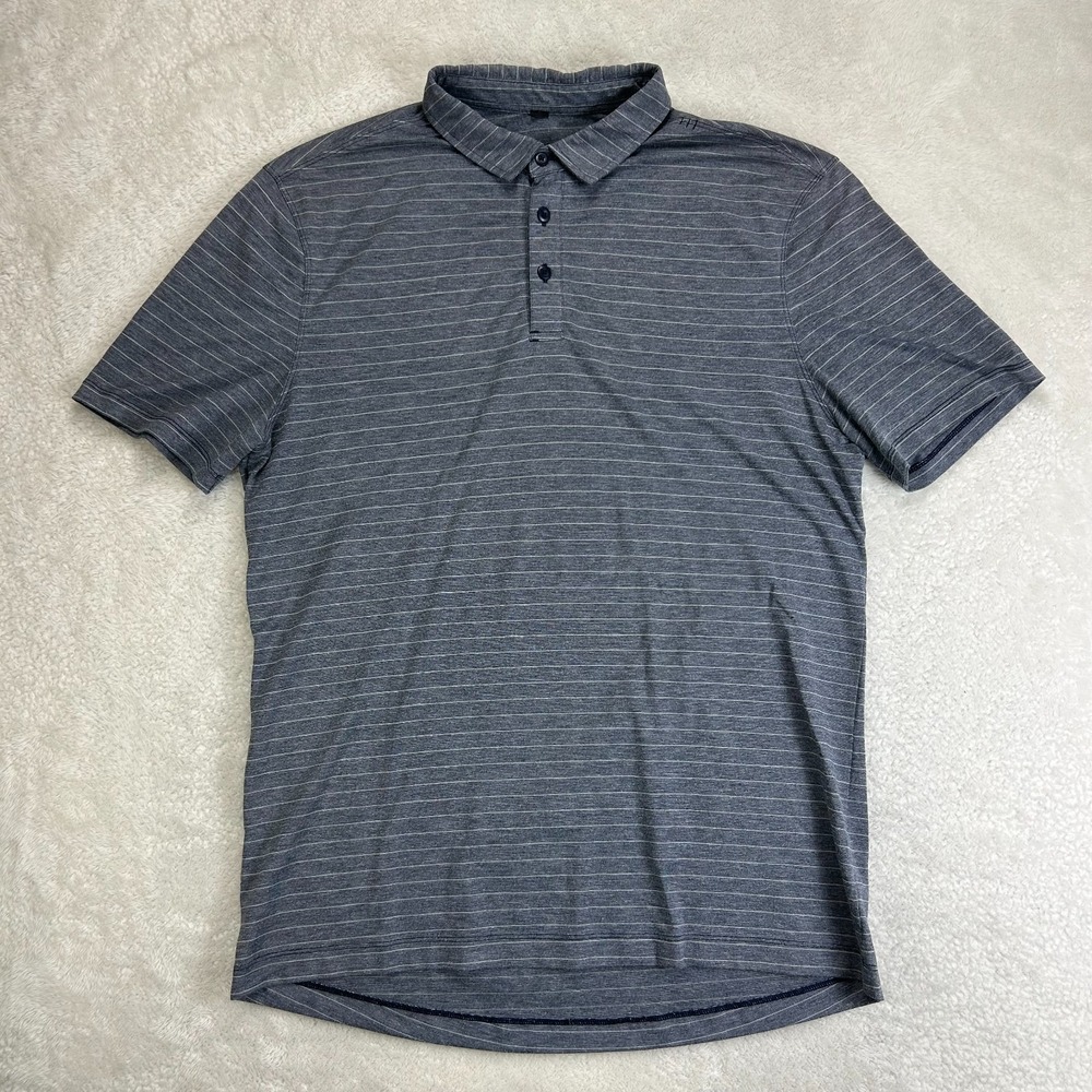 Lululemon Evolution Polo Shirt Mens Gray Blue Striped Performance Golf Stretch